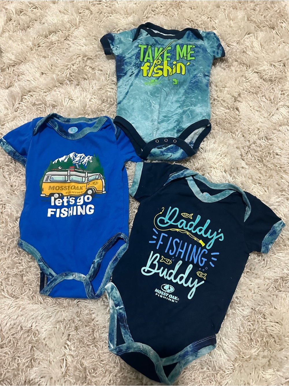 Mossy Oak Baby Boy Bodysuits Lot of 3 Blue 6-9 Months Fishing W Dad Bundle
